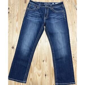 Miss Me Bling Fleur de Lis Boyfriend Capri Womens 29 Dark Stretch Denim JB5692P